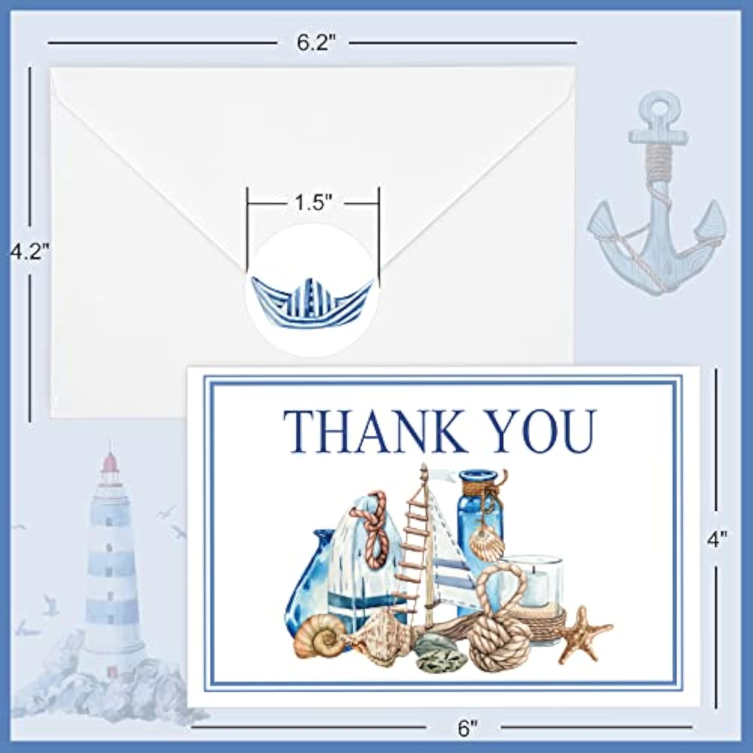 Cruise Staff Thank You Cards Set With Stickers Envelopes 24 Pack Blue Nautical Thank You Note Cards For Express Thanks To Ship Staff Birthday Baby Shower Party, 4 X 6 Inch