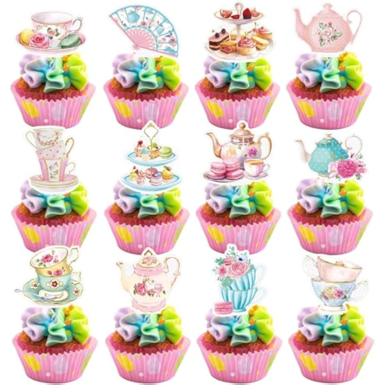 48Pcs Tea Party Paper Cupcake Toppers, Floral Tea Time Tea Party Decorations, Afternoon Tea Themed Birthday Party Cake Picks For Baby Shower Princess Birthday Party Wedding Favors