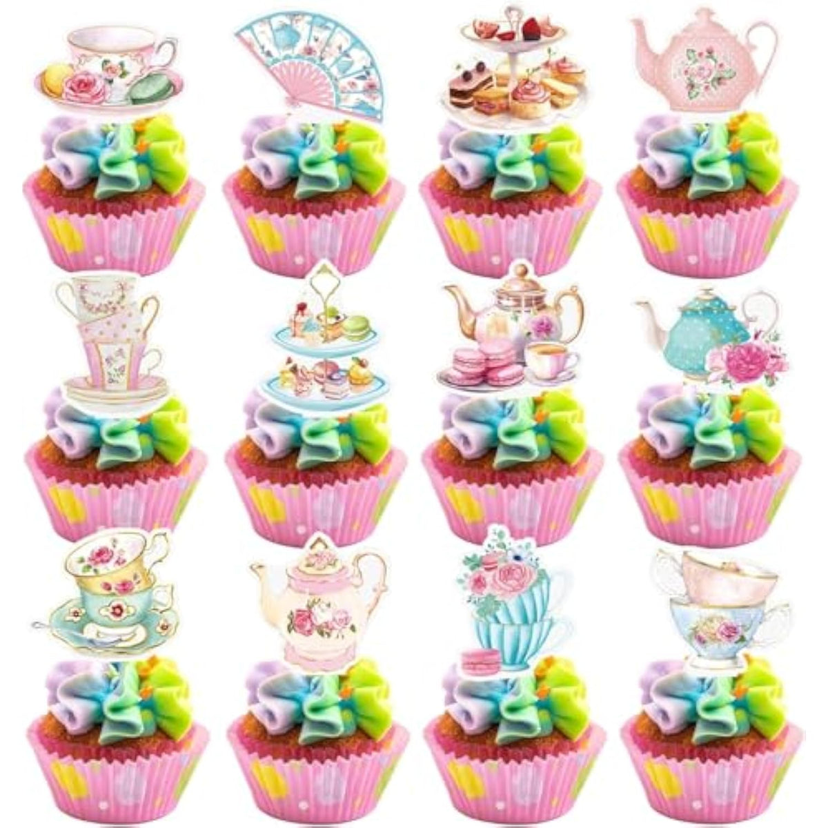 48Pcs Tea Party Paper Cupcake Toppers, Floral Tea Time Tea Party Decorations, Afternoon Tea Themed Birthday Party Cake Picks For Baby Shower Princess Birthday Party Wedding Favors