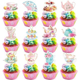 48Pcs Tea Party Paper Cupcake Toppers, Floral Tea Time Tea Party Decorations, Afternoon Tea Themed Birthday Party Cake Picks For Baby Shower Princess Birthday Party Wedding Favors