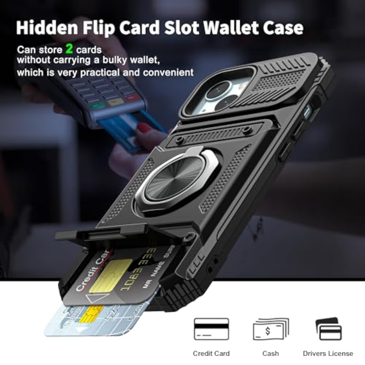 For Iphone 15 Plus Wallet Case With Card Holder [Store 2 Cards] + 360° Magnetic Rotated Ring Kickstand Heavy Duty Protective Shockproof Wallet Phone Case For Iphone 15 Plus 6.7 Inch Black