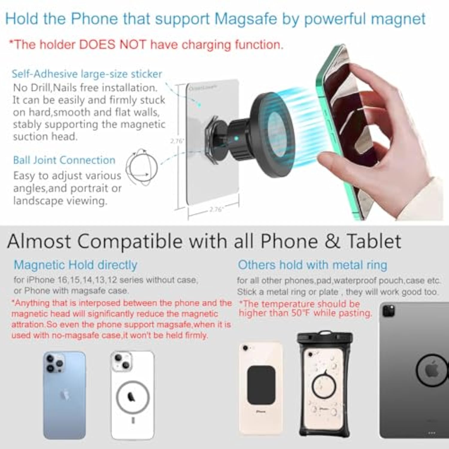 MagSafe Wall Mount, Rotatable Magnetic Phone Holder, Waterproof, Self-Adhesive