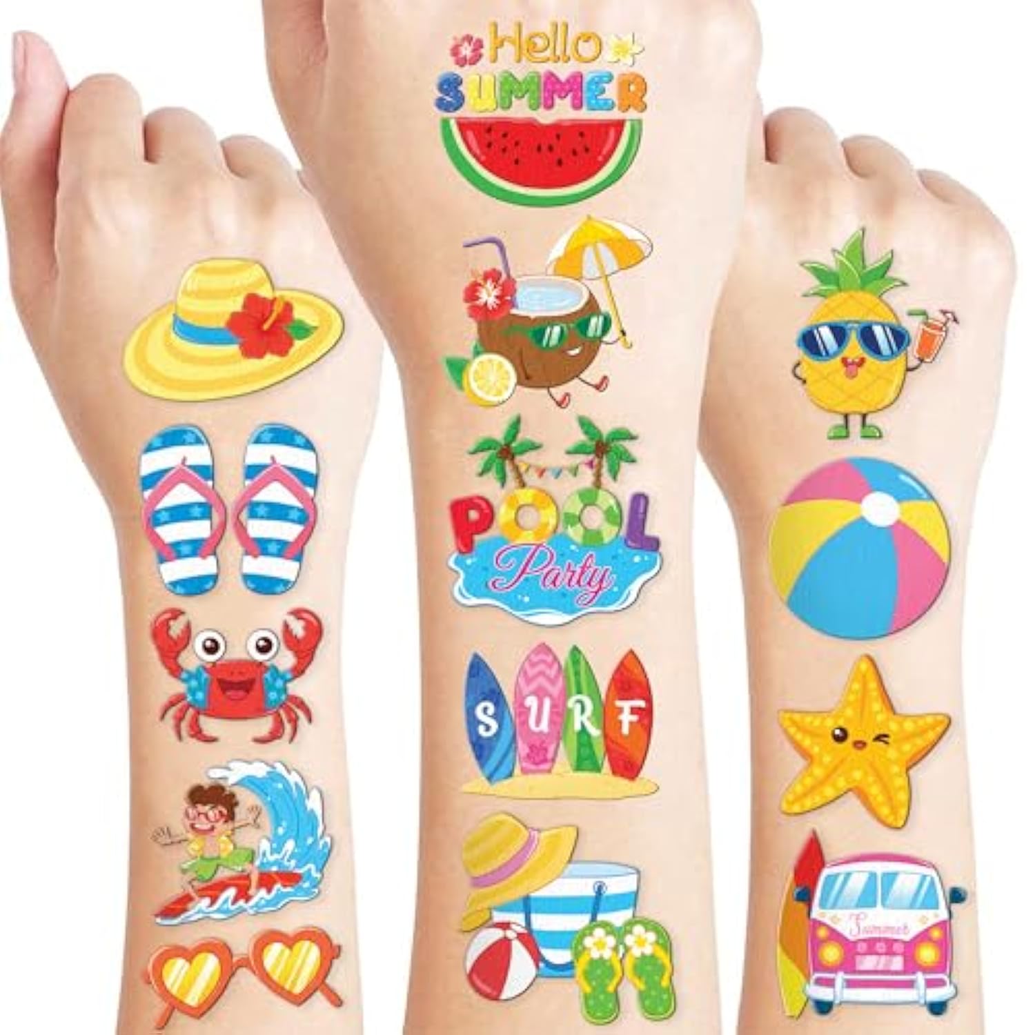 96 Pcs Hello Summer Beach Pool Hawaiian Pre-Cut Temporary Tattoos For Kids | Super Cute Themed Birthday Party Favors, Supplies, Decorations, Fake Tattoo Stickers (Multiple)