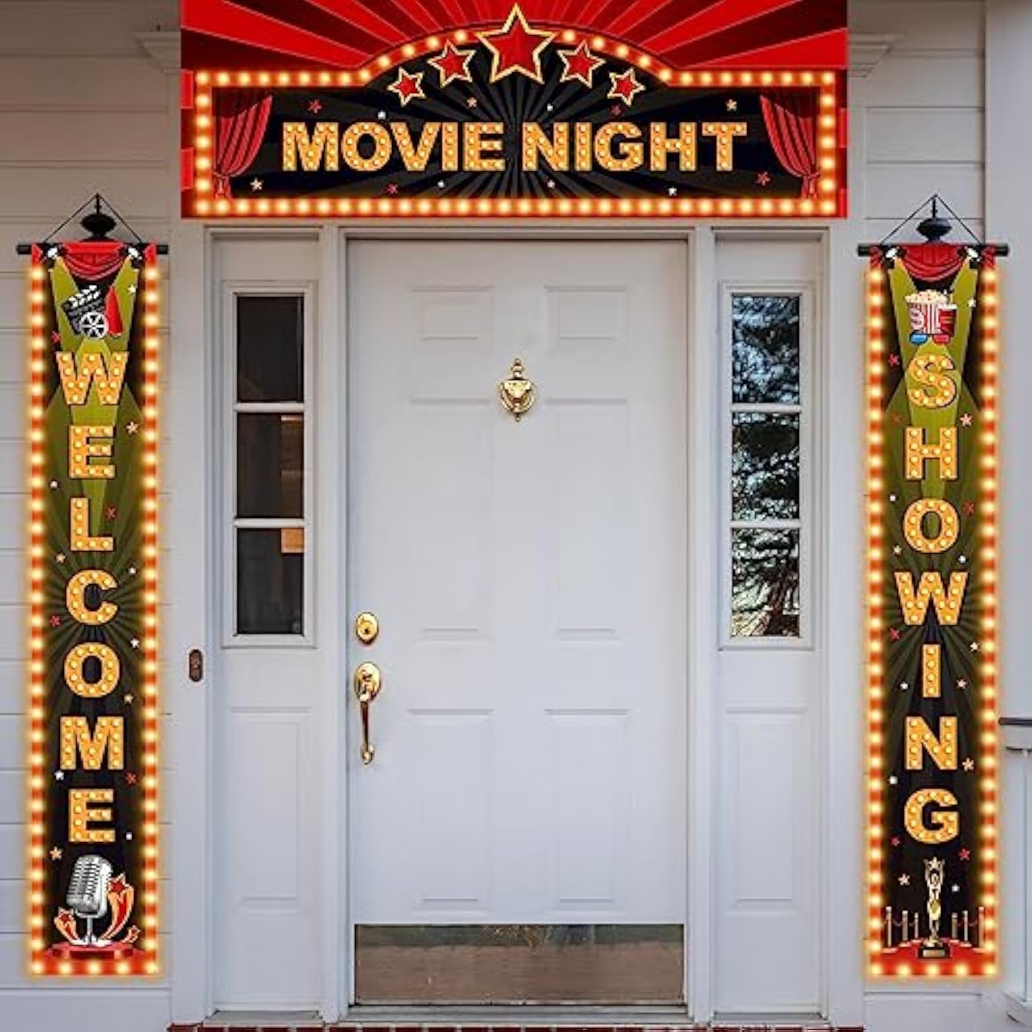 3 Pieces Light Movie Night Porch Sign Banner Led Movie Theme Party Decorations Theater Welcome Now Showing Lights Camera Action Hanging Porch Sign For Home Film Backdrop Party Supplies