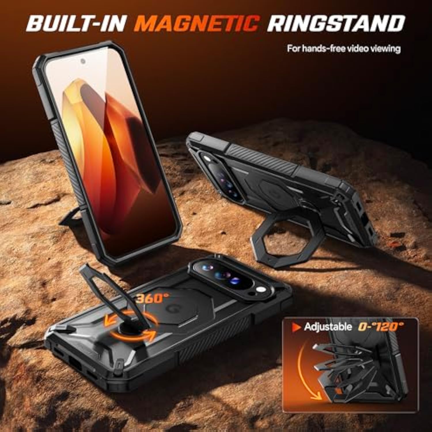 For Pixel 10 Pro Xl Case With 360° Spin Magnetic Stand, Compatible With Magsafe, Non-Slip Edge Rugged, Military Grade Protection For Google Pixel 10 Pro Xl Case, Black
