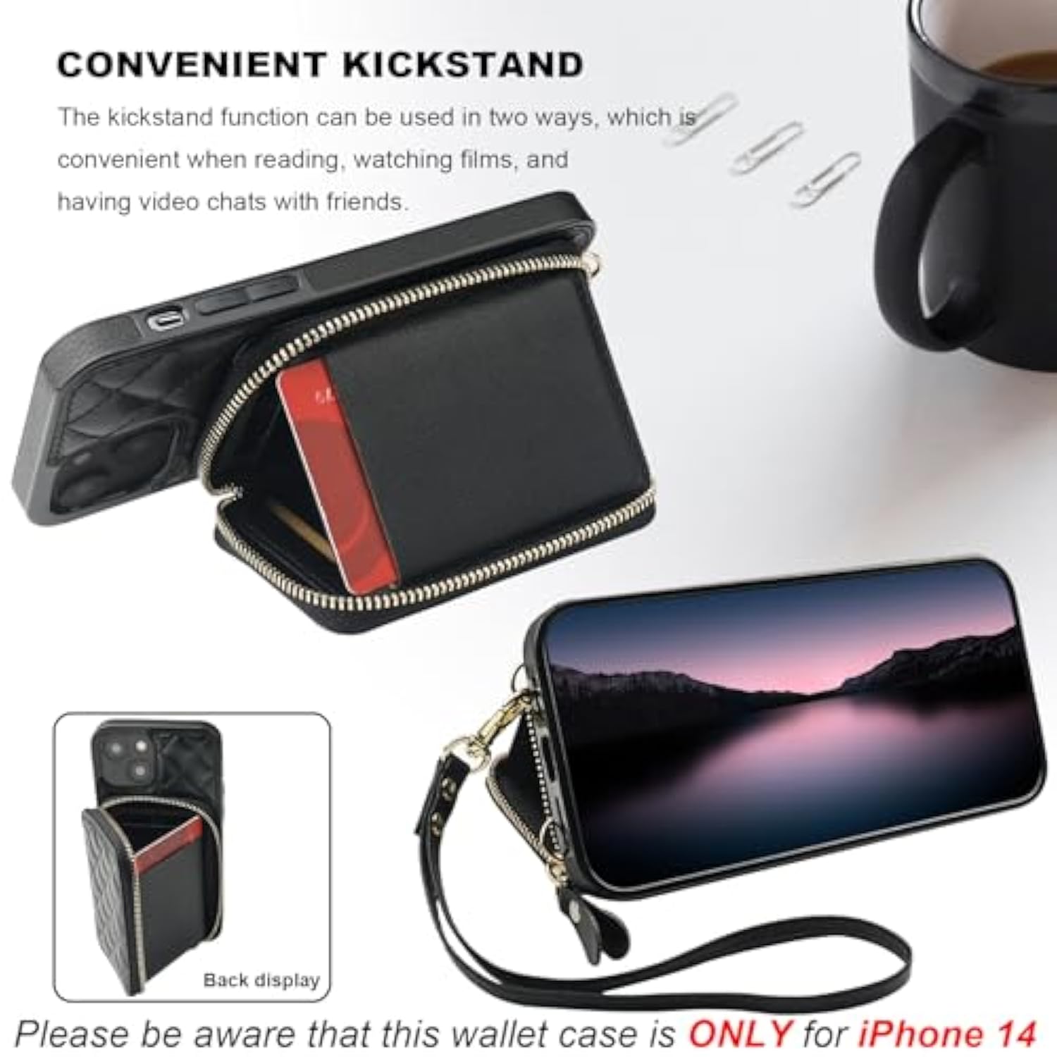 iPhone 14 Crossbody Wallet Case RFID PU Leather Card Holder Black