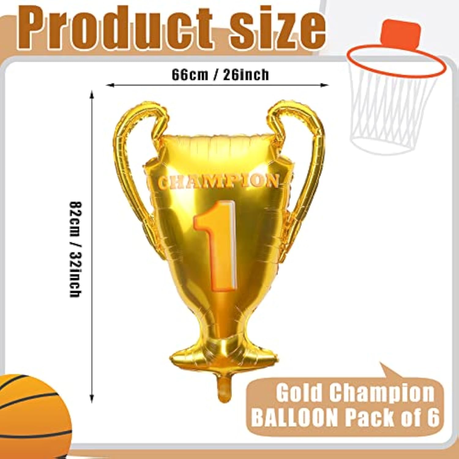 6-Pack Gold Champion Trophy Foil Balloons – First Prize Balloons for Sports, Birthday & Game Parties
