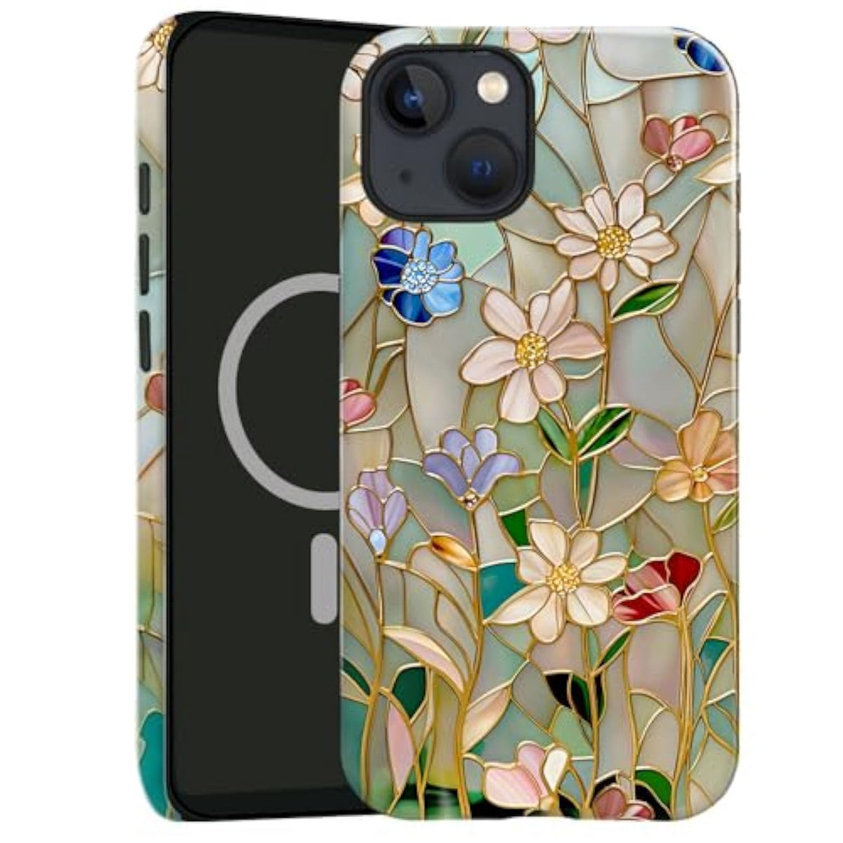 Case Compatible With Iphone 14,Compatible With Magsafe,Glossy Fall Prevention Hybrid 2-Layer Hard Shell Cases For Girls Boys,Stained Glass Bloom Flower