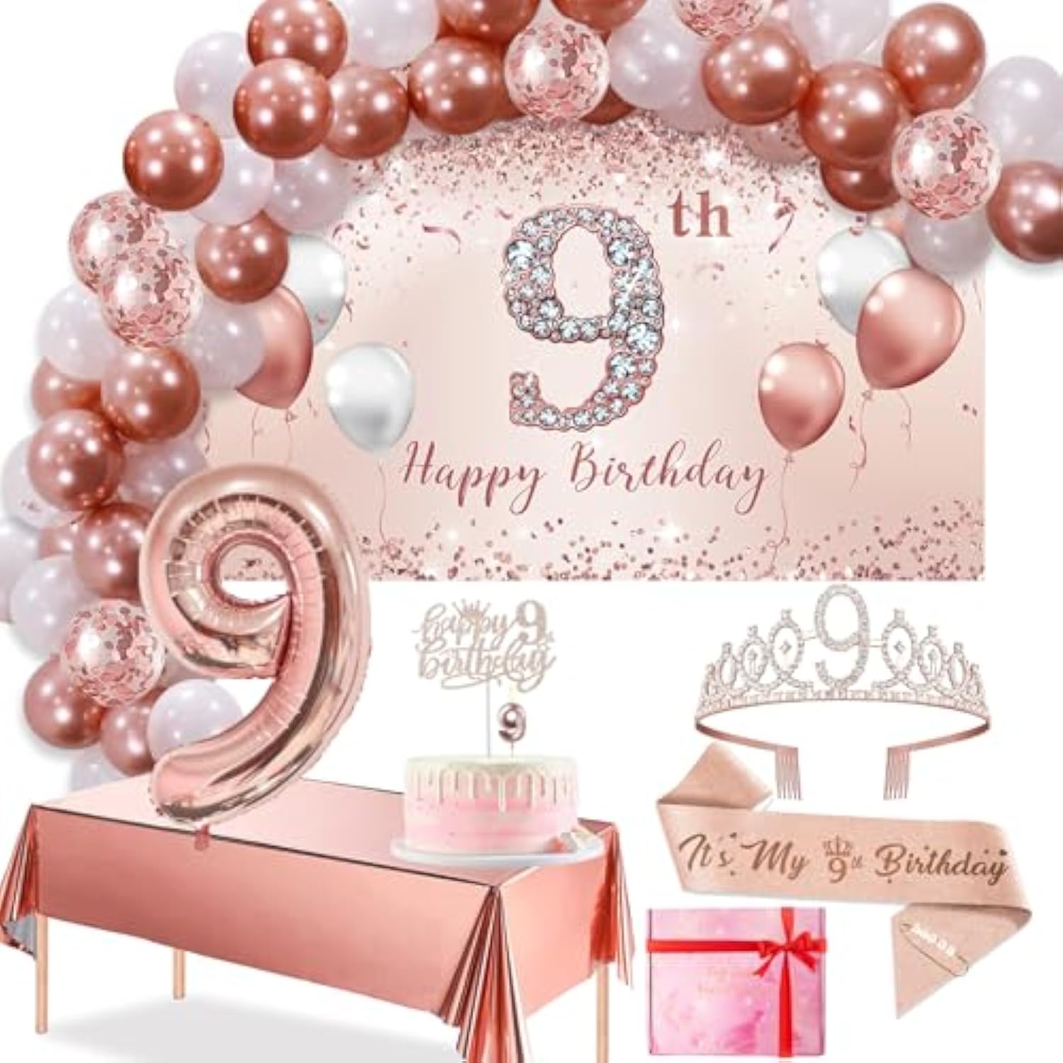 9Th Birthday Decoration Set - Rose Gold Arch, Banner, Tablecloth, Tiara, 60 Latex Balloons