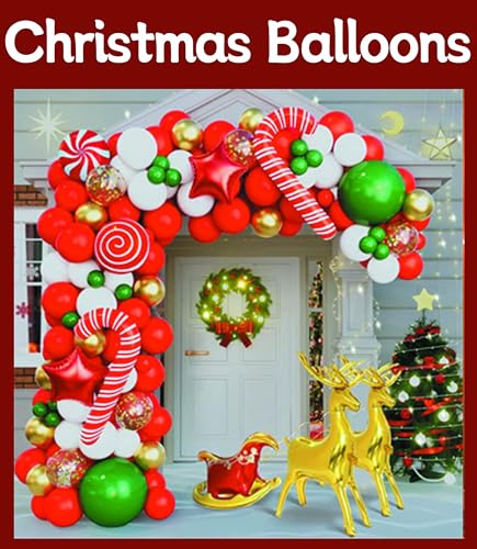 133 PCS Balloon Arch Garland Kit,Christmas Balloons Set-Xmas Red,Gold,Green,White,Gold Confets Elk Sleigh foil balloon Star and Candy cane for Christmas Decorations Party(Christmas-01)