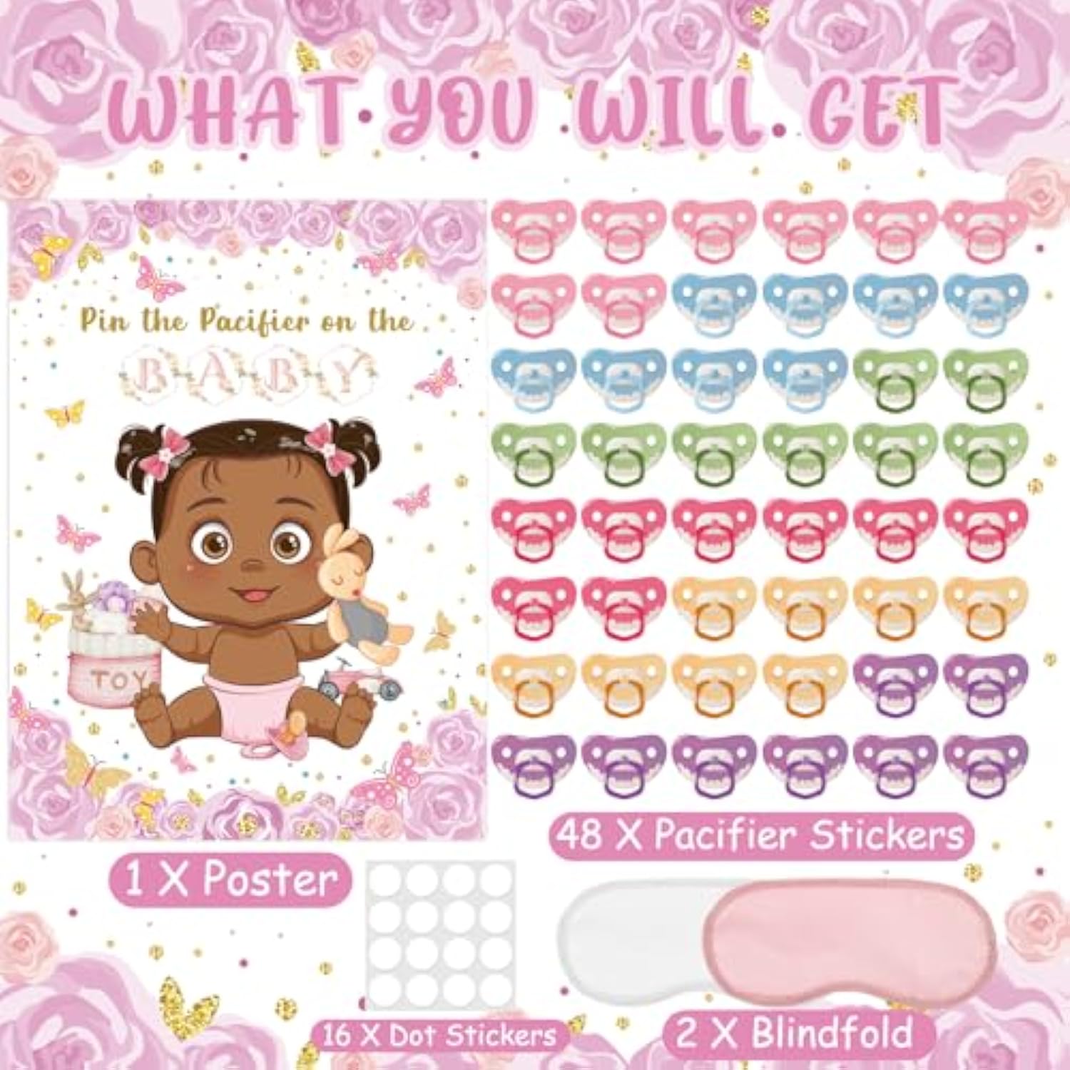 Pin The Pacifier On The Baby Shower Games, Butterfly Theme Decoration Large Poster With Blindfold 48 Pacifier Stickers Game For Baby Shower Party Birthday Party Supplies(Brown)