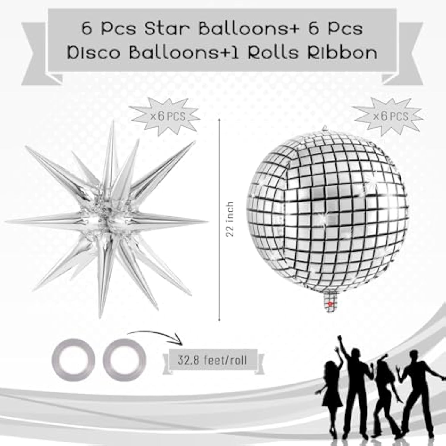 22" Silver Disco Ball & Star Foil Balloons for Birthday, Bachelorette & Holiday Decor
