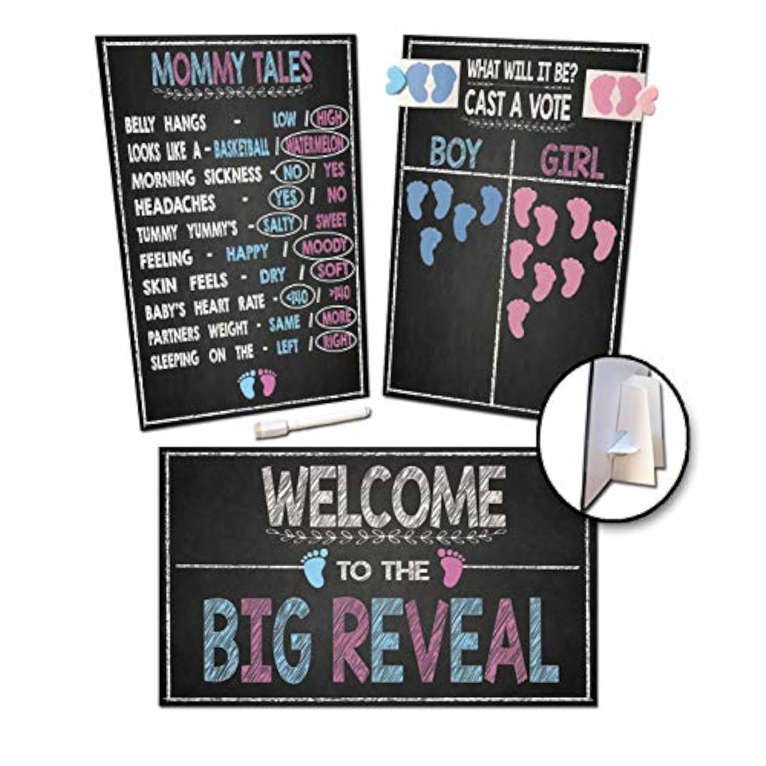Gender Reveal Board Games 12/9" With Stand, 48 Blue And Pink Voting St