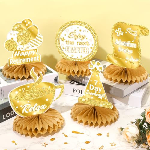Retirement Honeycomb Centerpieces with 8 Table Toppers & Paper Clips Large Gold White Double Sided Cardstock Happy Farewell Party Decorations Going Away Supplies for Women Men Coworker Boss