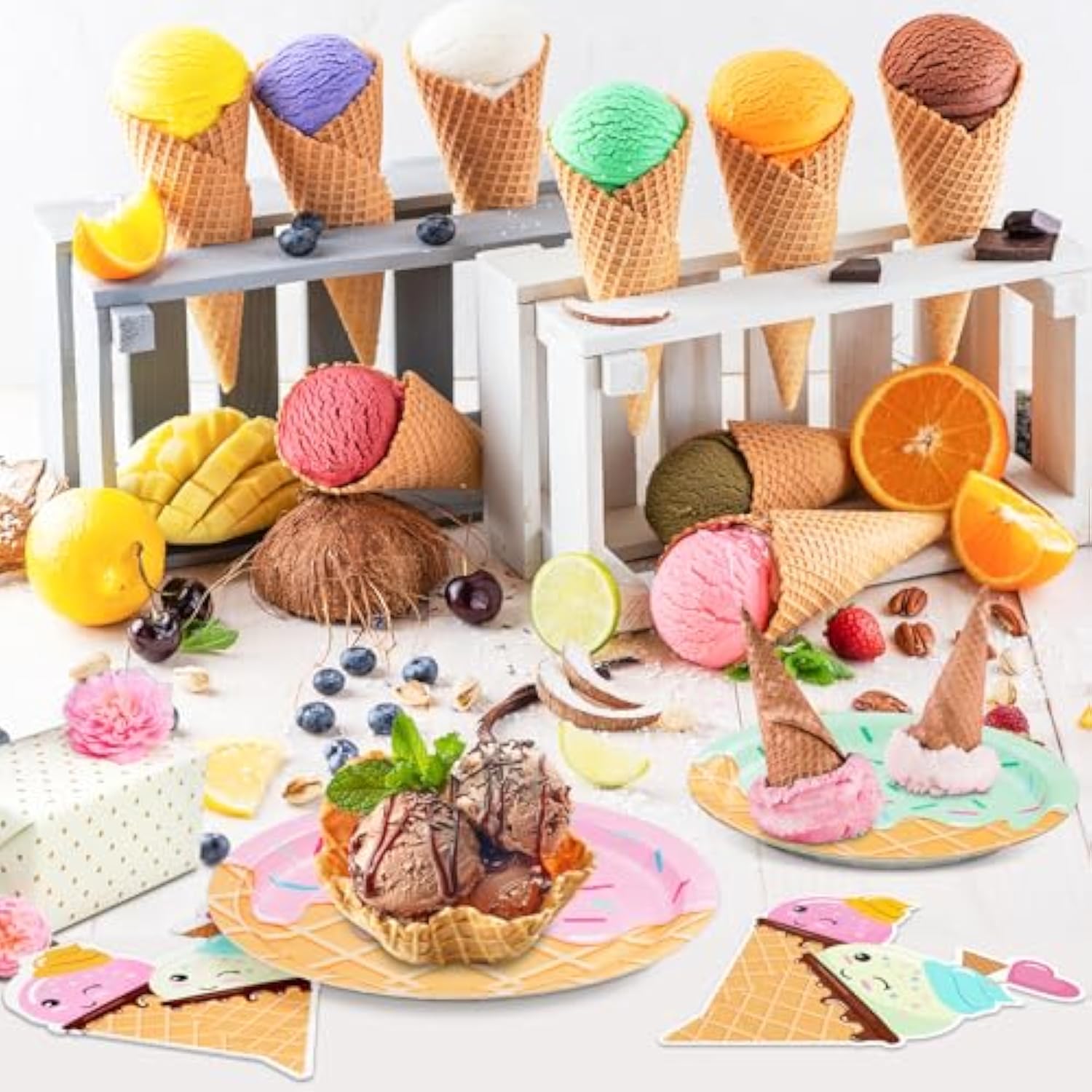 48 Pcs Ice Cream Birthday Party Plates And Napkins Kit, Ice Cream Theme Tableware Set Snow Cones Party Table Decorations Supplies, Disposable 9'' And 7'' Paper Plates, Napkins, Serves 16