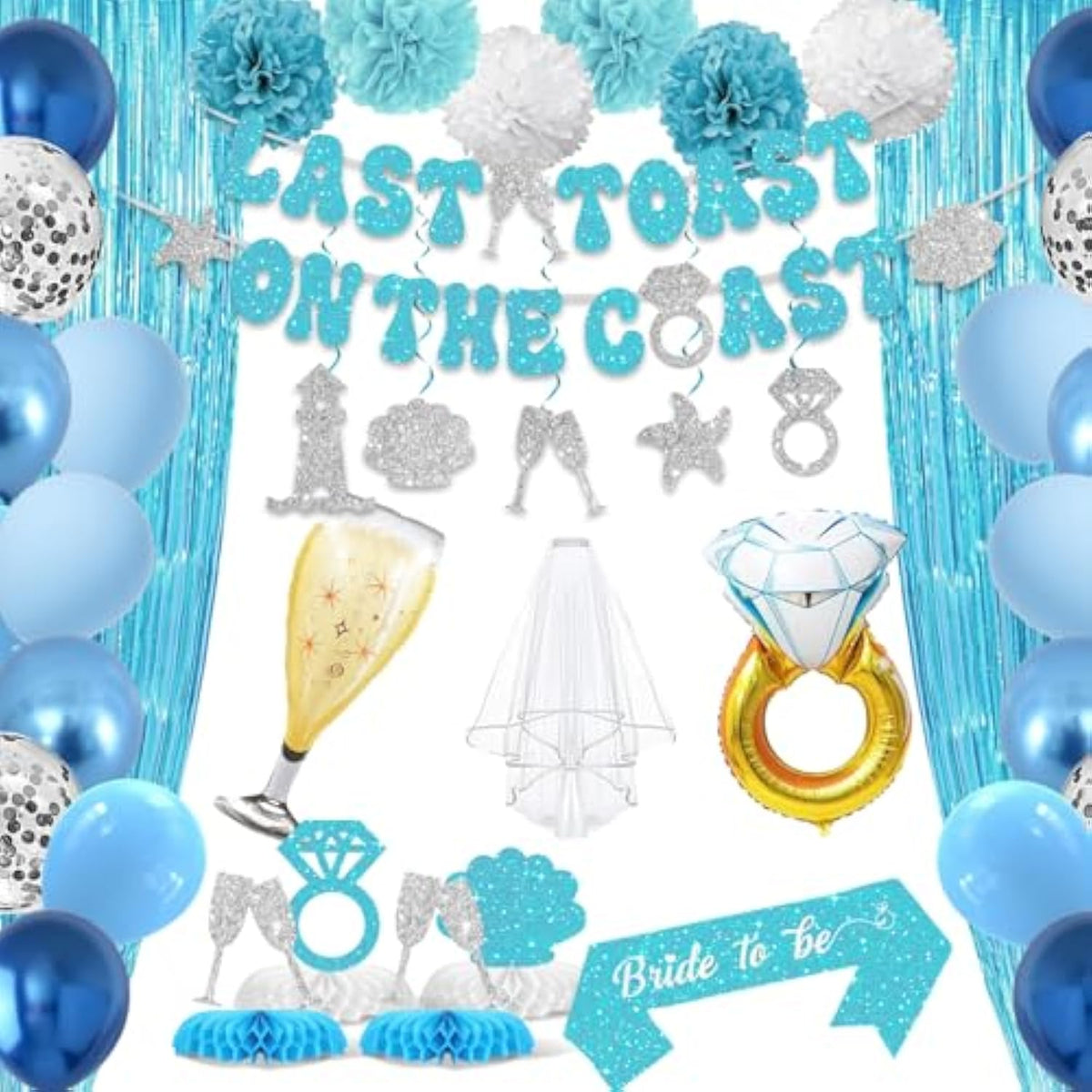 Last Toast On The Coast Bachelorette Decorations, Blue Bridal Shower Party Decorations Including Fringe Curtain, Bride To Be Sash, Veil, Bachelorette Banner, Centerpieces, Hanging Swirls, And Pom Poms