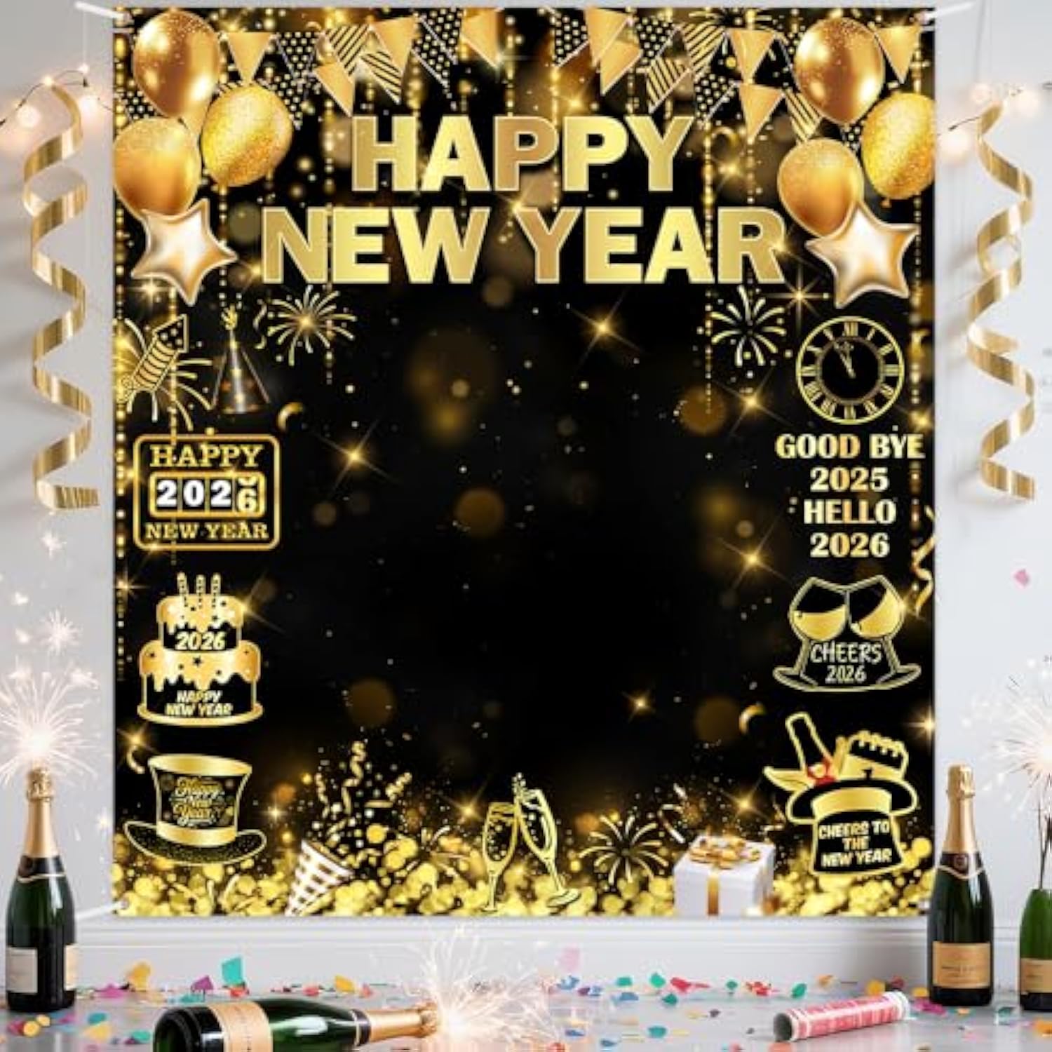 Black & Gold 2026 Happy New Year Banner 70.8x78.7in Party Backdrop