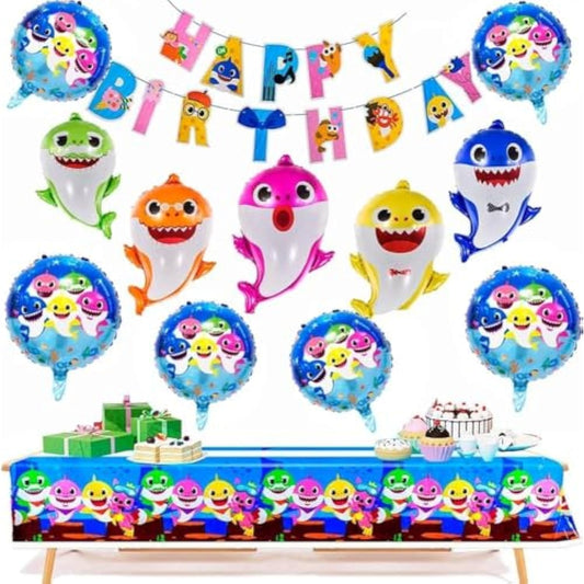""13 Pcs"" Shark Balloons - Shark Family Balloons - Shark Duplex Prints Foil Balloons - Shark Banner & Shark Tablecloth - Shark Birthday Decorations