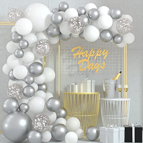 108 Pcs White Silver Balloon Garland Arch Kit 5 10 12 18 Inches Pastel White Silver Confetti Balloons for Birthday Wedding Bridal Showers Baby Shower Party Decorations