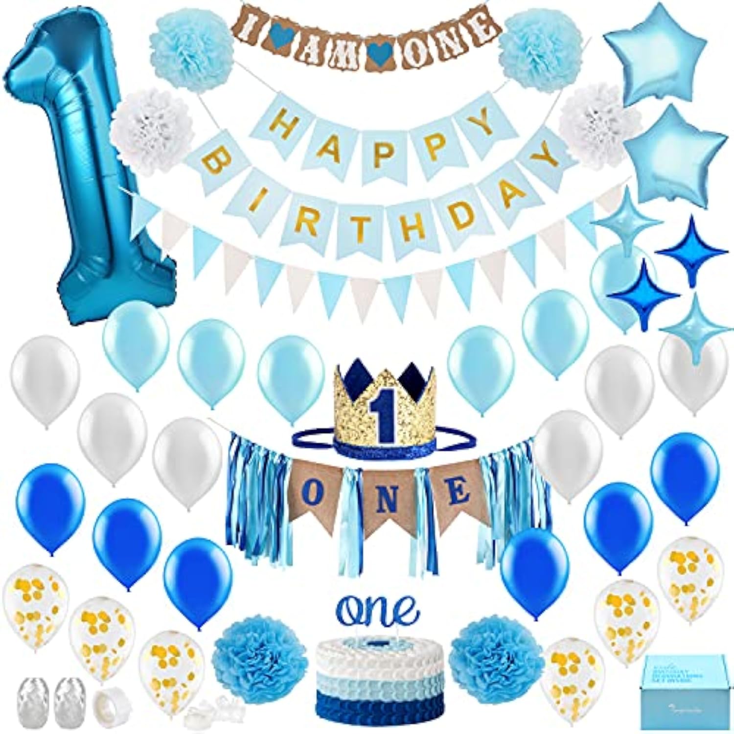 Baby Boy 1St Birthday Decorations With Birthday Crown - First Birthday Boy Decorations - Cake Smash Party Supplies - Happy Birthday And Highchair One Burlap Banner, Number One Balloon, Cake Topper.