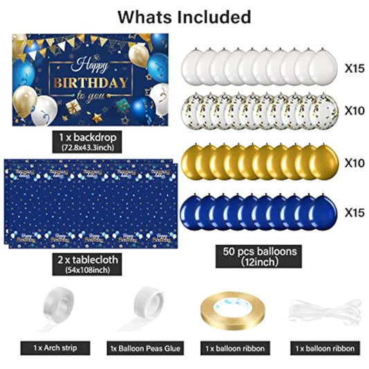 Navy Blue And Gold Birthday Party Decorations 56 Pcs Happy Birthday Photography Backdrop Banner Tablecloths Confetti Balloons Kit For Boys Girls Men Women Party Supplies Decor
