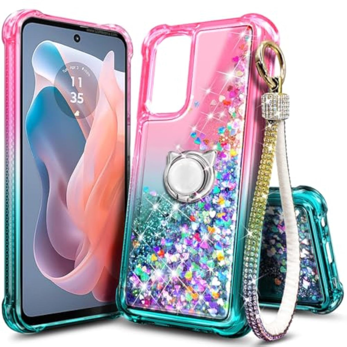 Compatible With Samsung Galaxy A16-5G Phone Case Pink/Aqua | Bling Sparkly Glitter Floating Liquid Waterfall Cute Cover, Women Girls Kids, Ring Holder Grip Diamond Wrist Strap Lanyard