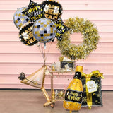 8Piece Happy New Year Balloons Set, Black Gold New Years Eve Party Supplies with 4D Dico Balloons, Gift Box, Stars and Champagne Bottle Foil Balloon for 2026 NYE Party Decorations