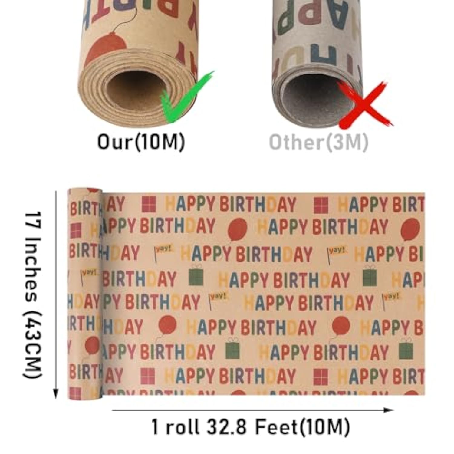 Colorful Happy Birthday Kraft Wrapping Paper Roll 17 Inch x 32.8 Feet
