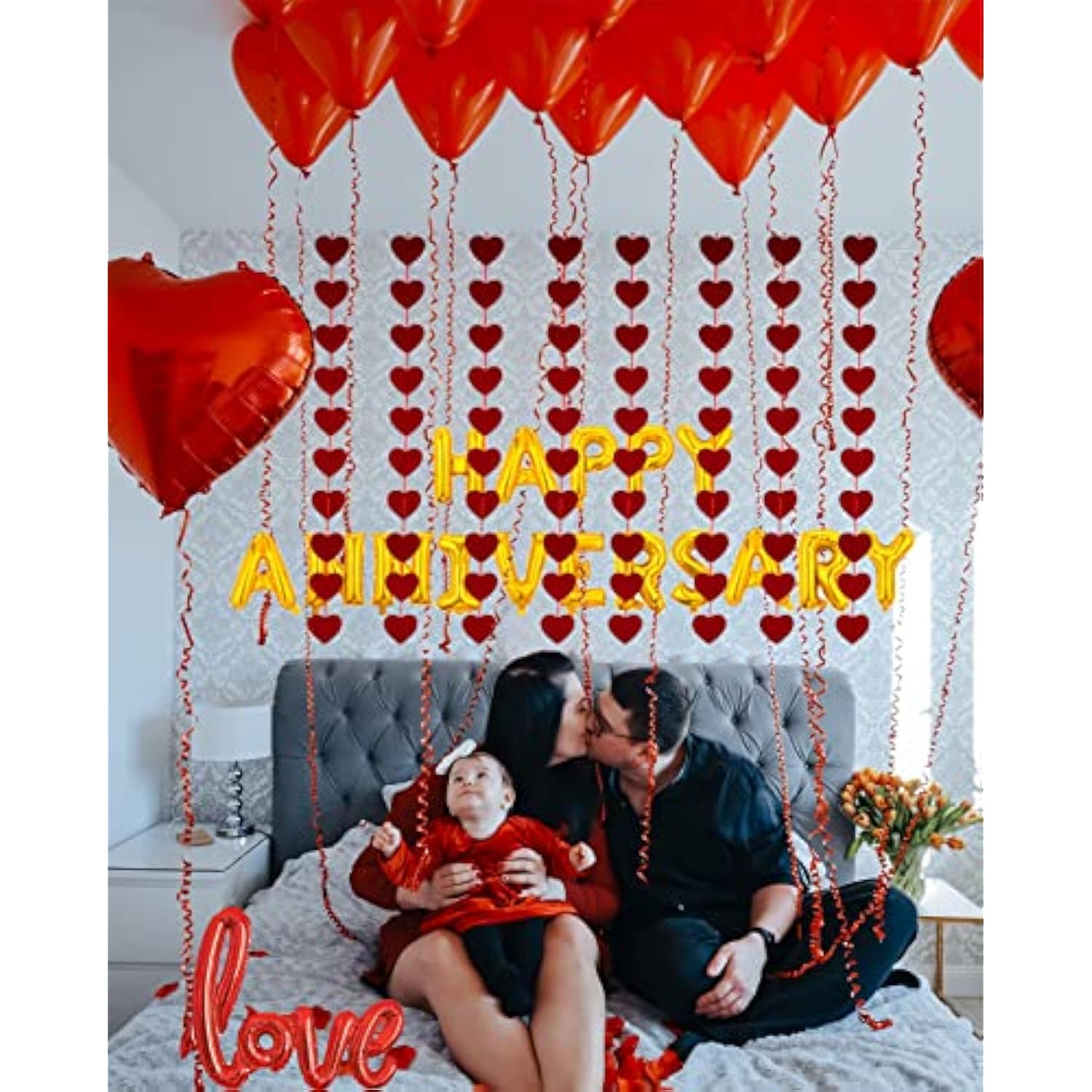 Anniversary Party Decor Set: Red Heart Garland, Balloons & Rose Petals