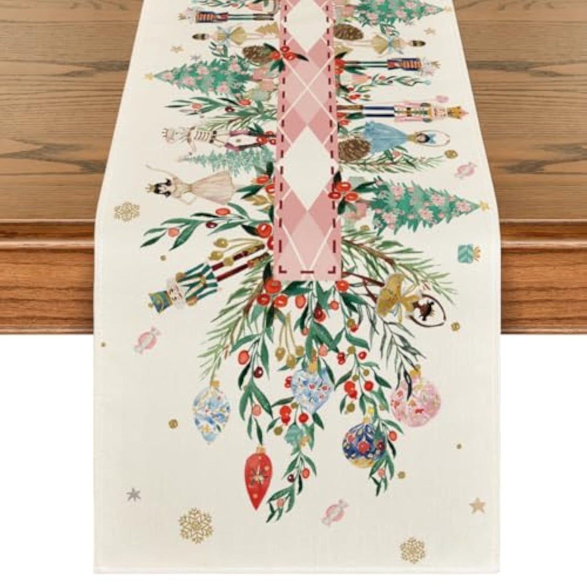 Nutcracker Floral Holly Christmas Table Runner, Seasonal Winter Kitchen Dining Table Decoration For Home Party Decor 13X72 Inch