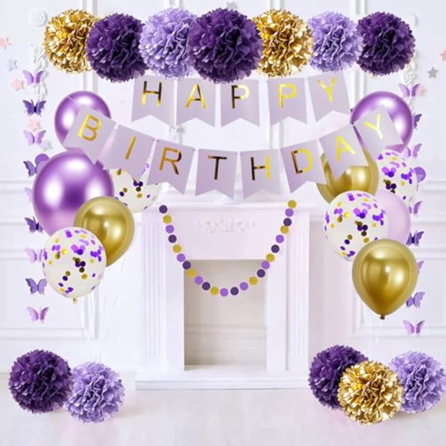40Pcs Purple Gold Birthday Party Decorations,Gifts For Women Or Girls, Happy Birthday Banner With Balloons,Paper Pom Poms,Butterfly Garland,Foil Star And Hearts For Party Decor
