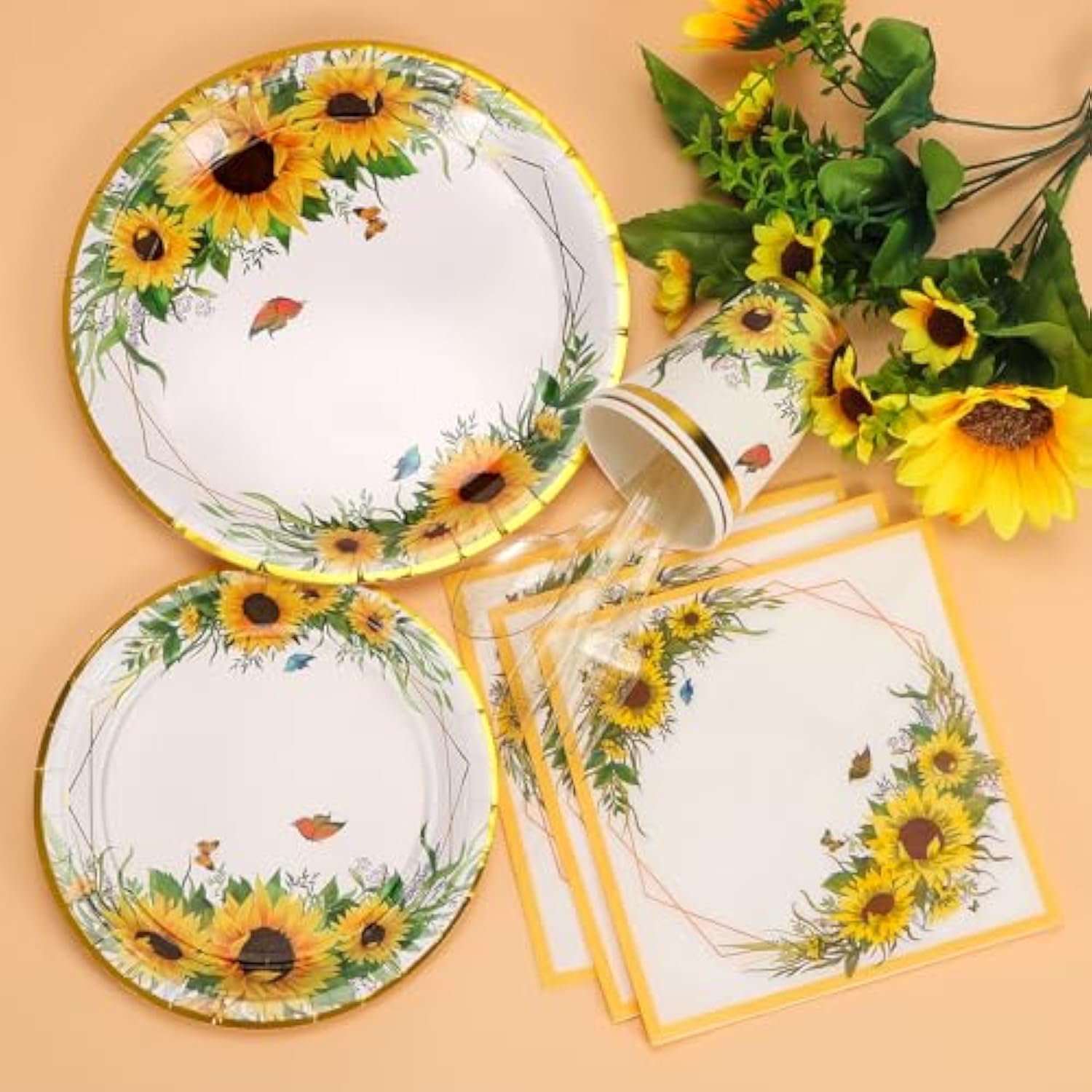 Sunflower Party Supplies, Disposable Sunflower Plates, Cups, Napkins And Cutlery For Birthday, Bridal Shower, Sunflower Party Decorations Serves 24