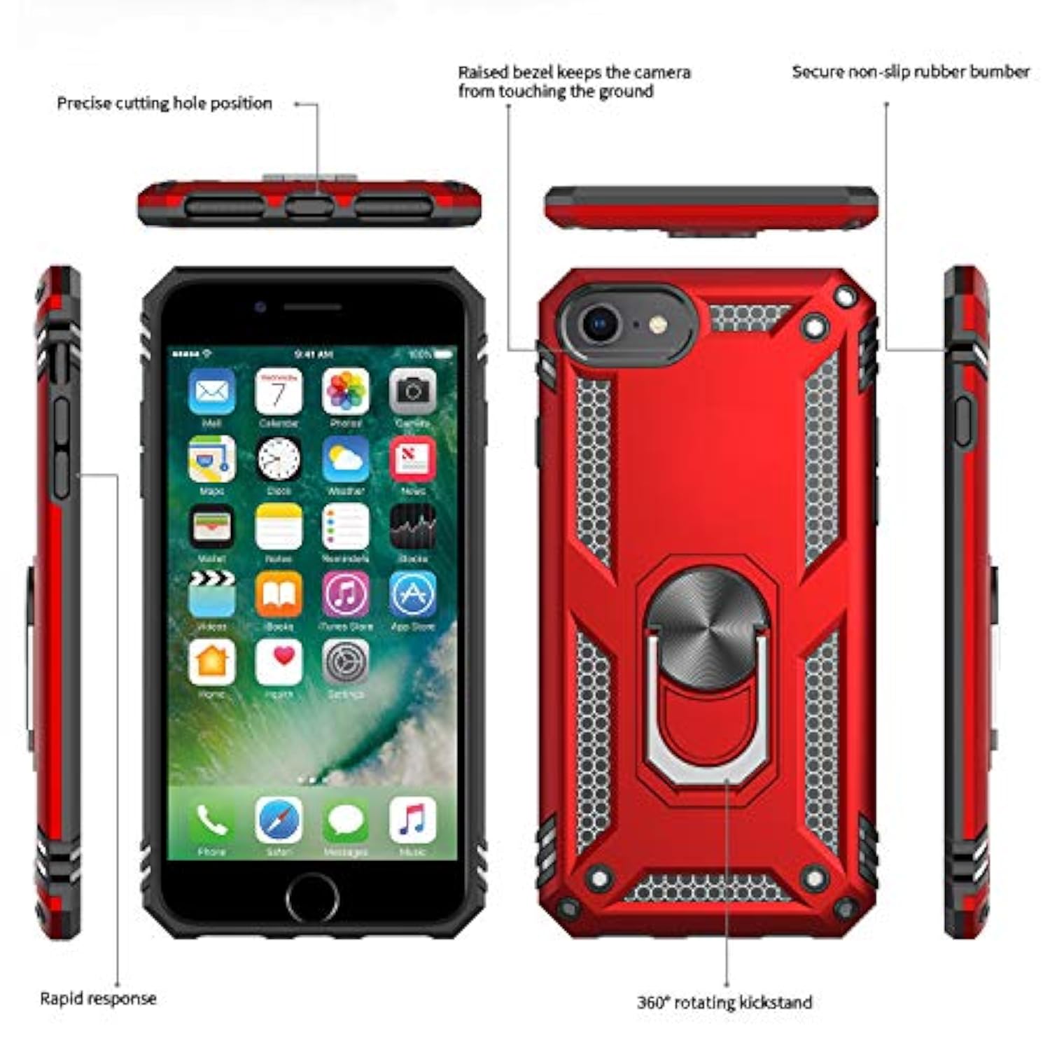 For Iphone Se 2022/2020 Case (3Rd Gen), Military-Grade With Magnetic Kickstand, 2-Pack Tempered Glass Screen Protector, Red