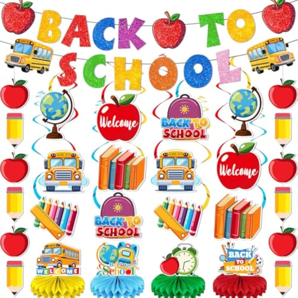 Back To School Decorations Welcome Back To School Banner School Bus Table Centerpieces Apple Pencil Hanging Swirl For Classroom Office Home First Day Of School Party Supplies