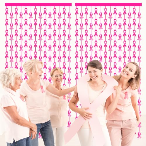 2 Pack Breast Cancer Awareness Decorations Pink Ribbon Foil Fringe Curtains