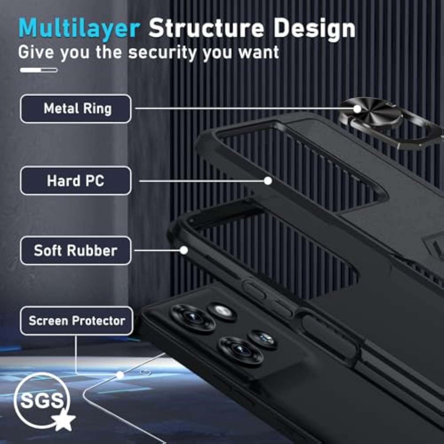 Compatible With Motorola Moto G 2025 Case With Screen Protector,Heavy Duty Shockproof Full Body Protective Cover Built In Rotatable Metal Ring Holder Kickstand,Black Matte