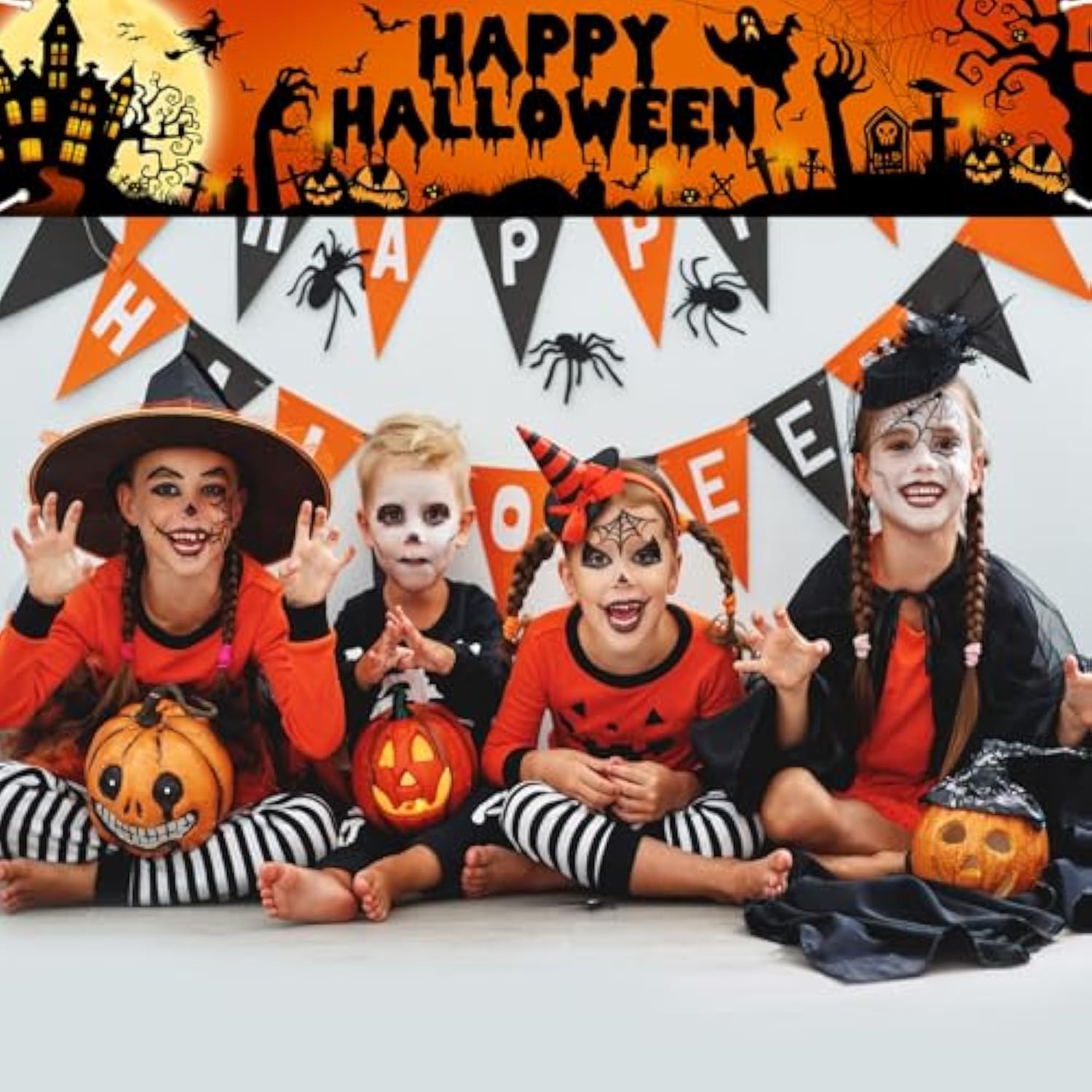 Happy Halloween Banner Large 98.4x19.6 Inch Black Orange Yard Sign Outdoor Decor