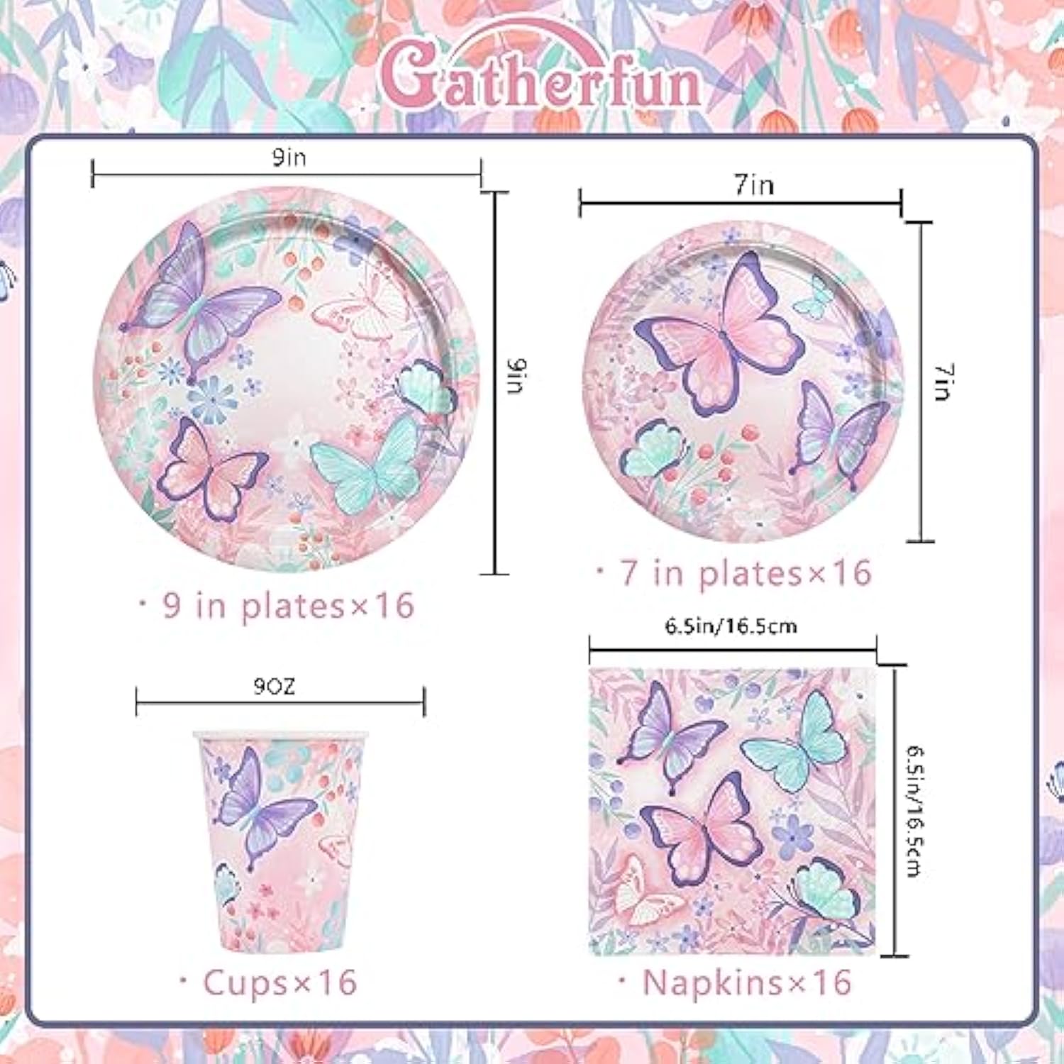 Butterfly Birthday Party Supplies Disposable Paper Plates Napkins And Cups For Butterfly Girl Party Birthday Decorations, Serve 16