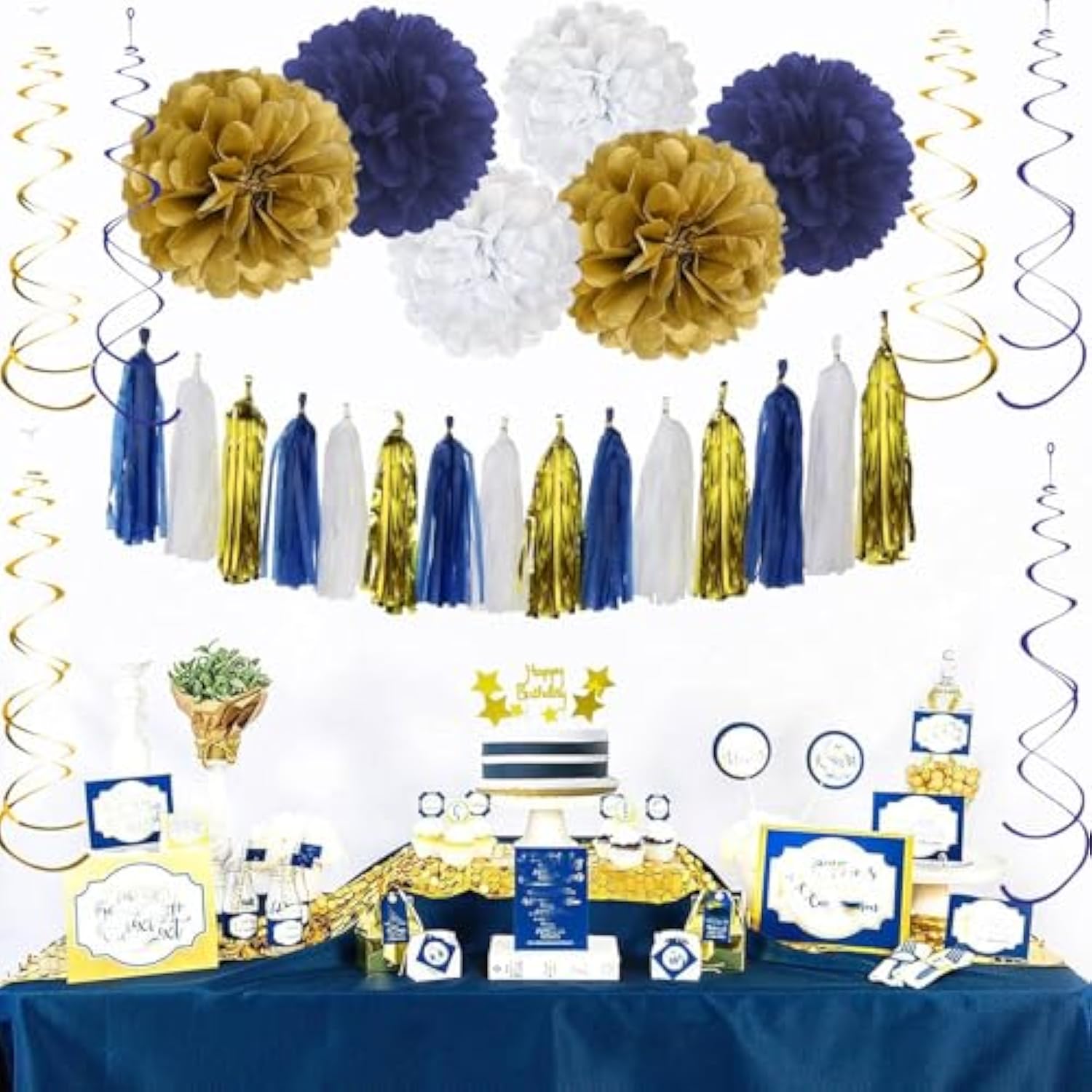 46pcs Navy Blue, Gold & White Birthday Decorations with Banner, Balloons  Garland