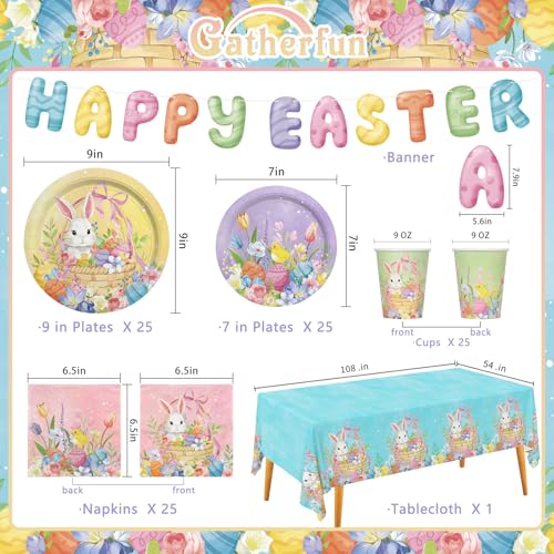 Happy Easter Supplies Kit for 25 Guests - Easter Bunny Decorations, Includes Dinner & Dessert Plates, Napkins, Cups, Banner and Tablecloth in Pink, Purple