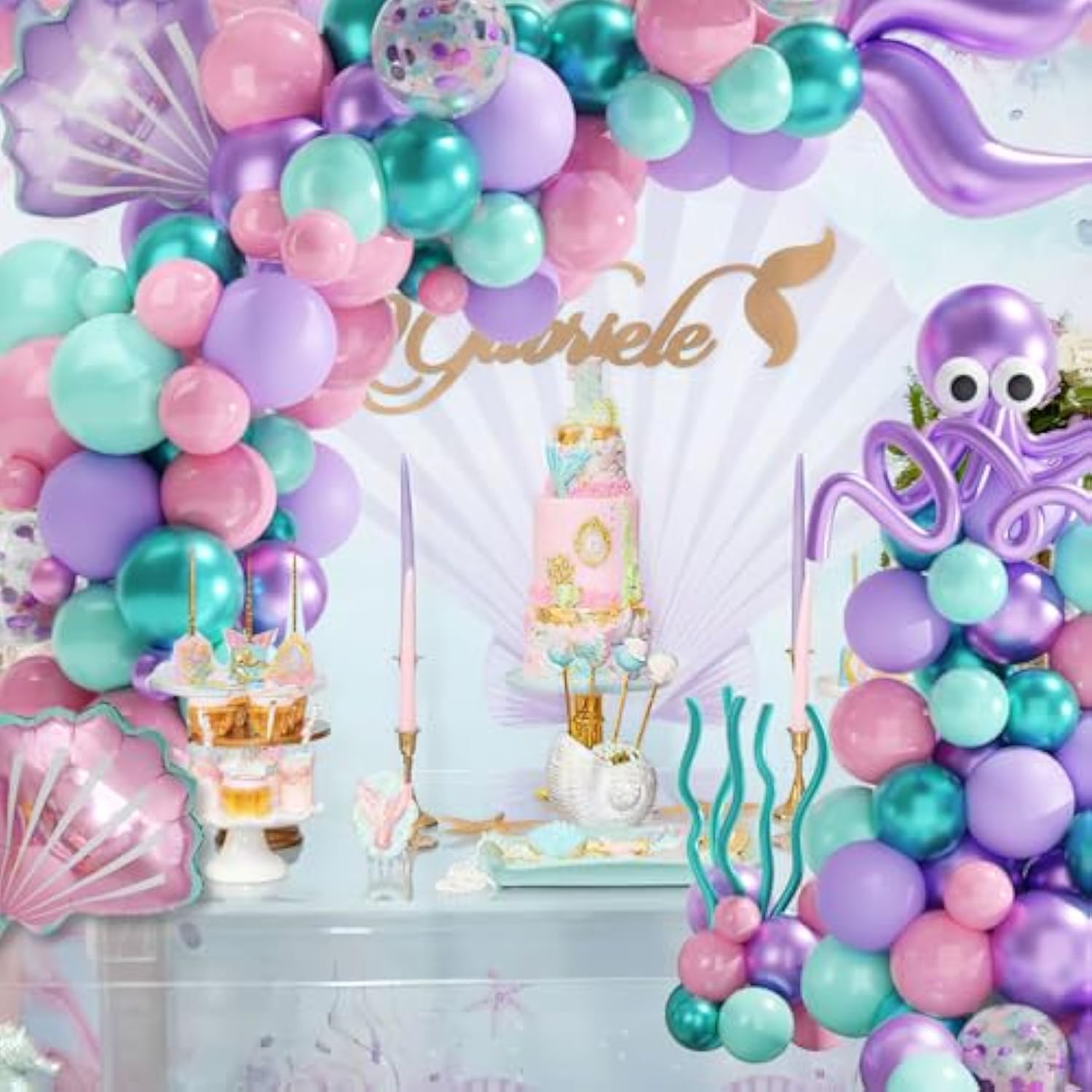 Mermaid Balloon Arch Kit 12/18In Pink Purple Teal Metallic Confetti Balloons With Octopus Mermaid Tail Shell Foil Balloons For Mermaid Theme Party Decorations