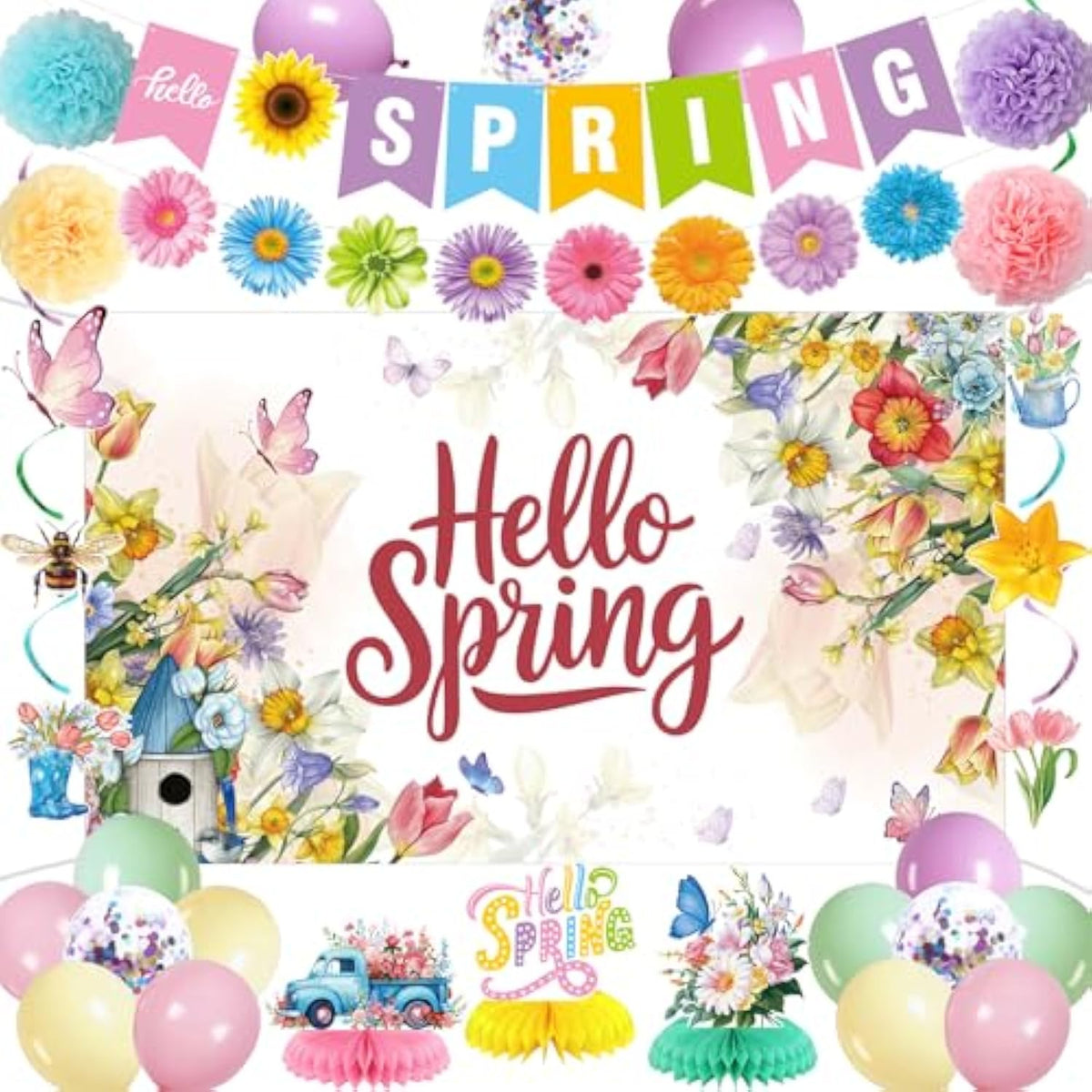 Spring Party Decorations - Hello Spring Backdrop, Banner, Hanging Swirl, Honeycomb Centerpieces, Paper Pom Poms And Balloons For Floral Birthday Themed Party Supplies