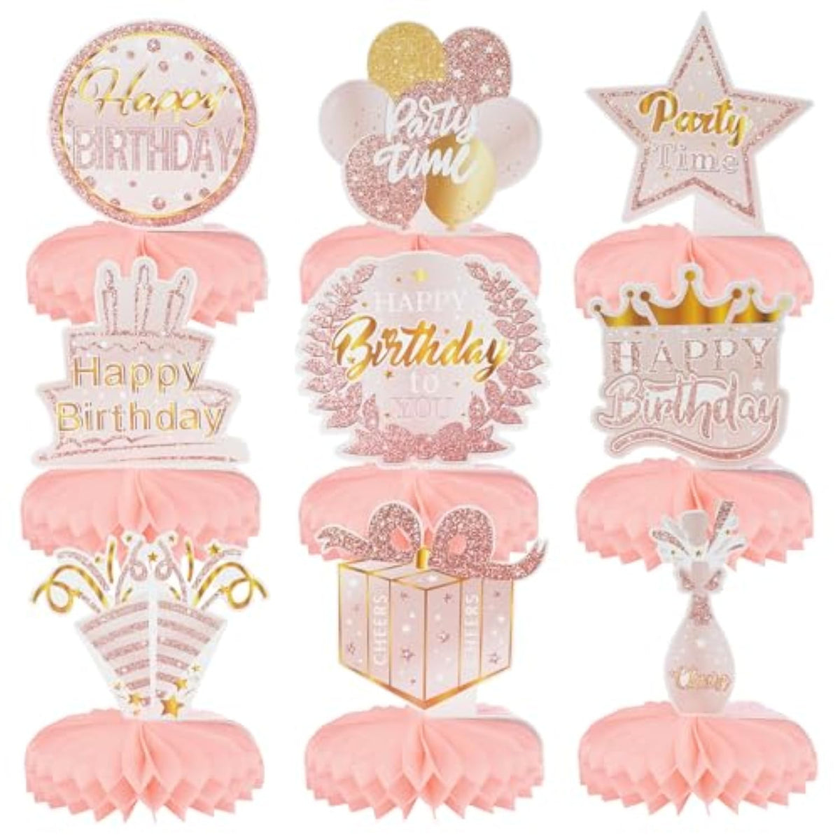 9-Piece Rose Gold Pink Happy Birthday Table Centerpieces for Women and Kids