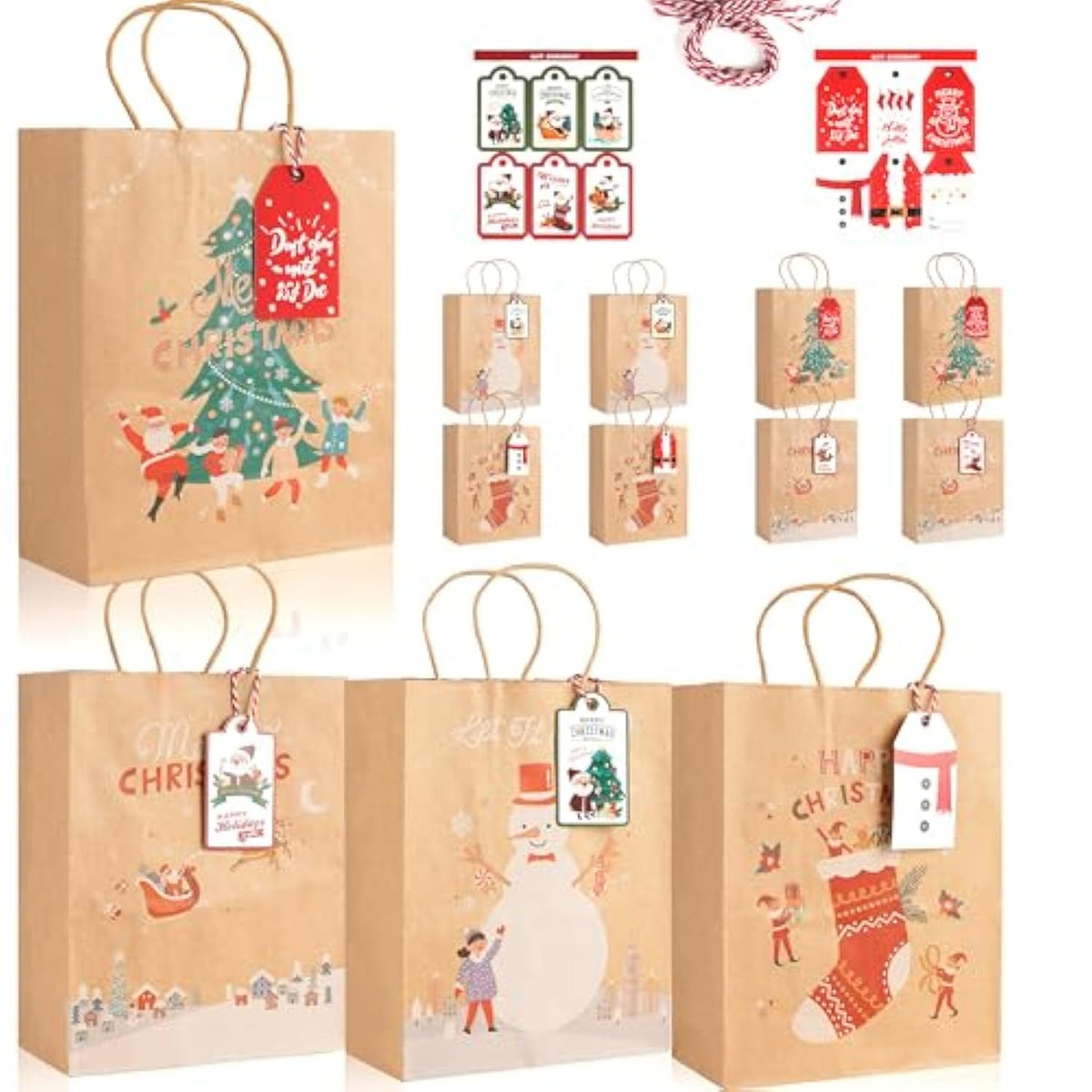 12Pcs Kraft Christmas Gift Bags With Handles, Small Xmas Treat Bags Reusable Gift Bags For Wrapping Gifts, Party Favors And Holiday Decor