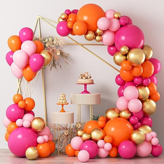 Pink Orange Balloon Garland Arch Kit, 124Pcs Hot Pink Orange Chrome Metallic Gold Latex Balloons For Birthday Wedding Baby Shower Tropical Party Supplies Summer Party Decorations