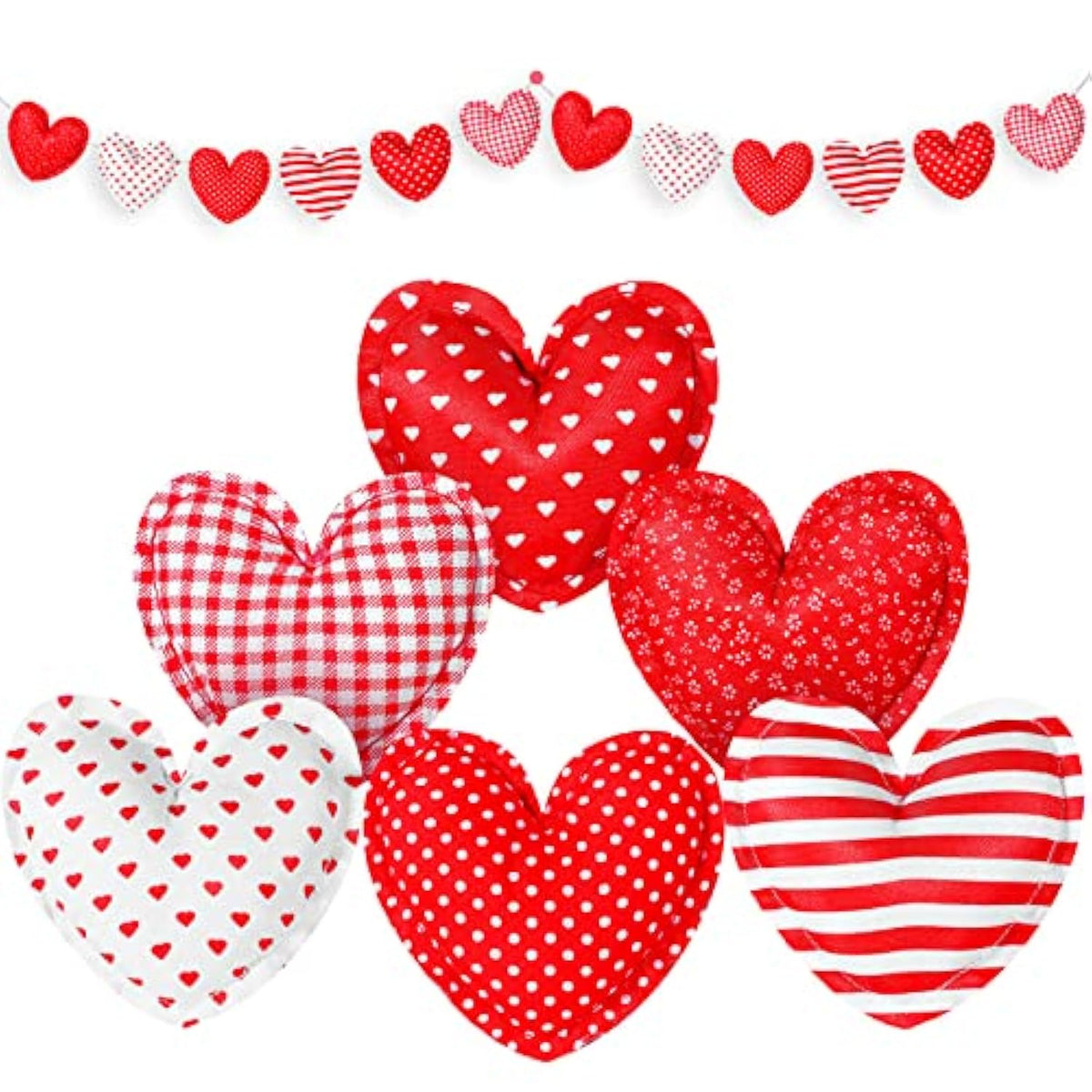 18 Pcs Valentine'S Day Fabric Heart Ornaments For Tree 3.5 Inch Fabric Hanging Garland Decoration Baubles Stripe Polka Dot Red Heart Ornaments With 6.56Ft Rope For Crafts Wedding Party Diy