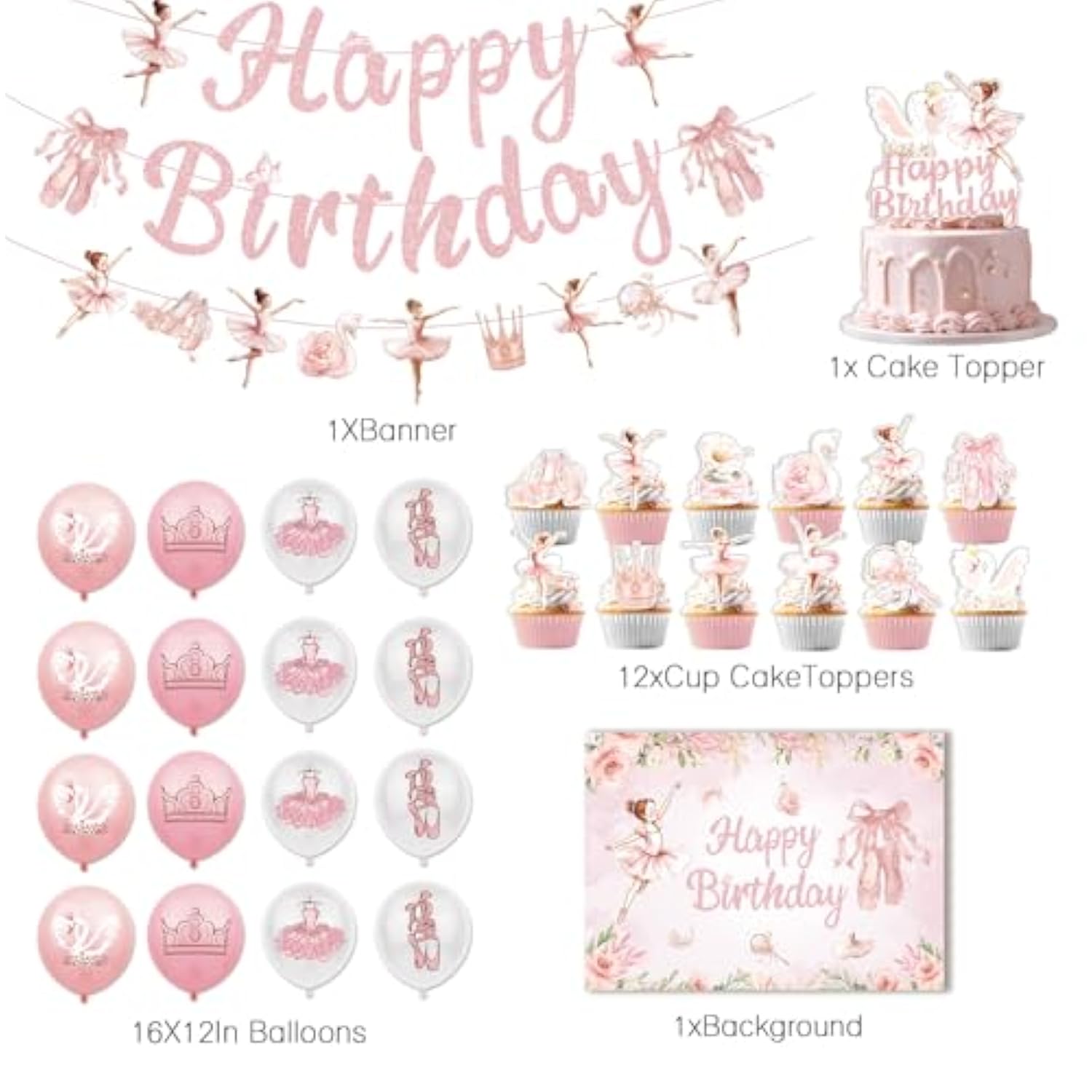 Ballerina Birthday Party Decorations Include Banner-Backdrop-Balloons-Cake Topper-Cupcake Toppers For Ballet Birthday Party Decorations