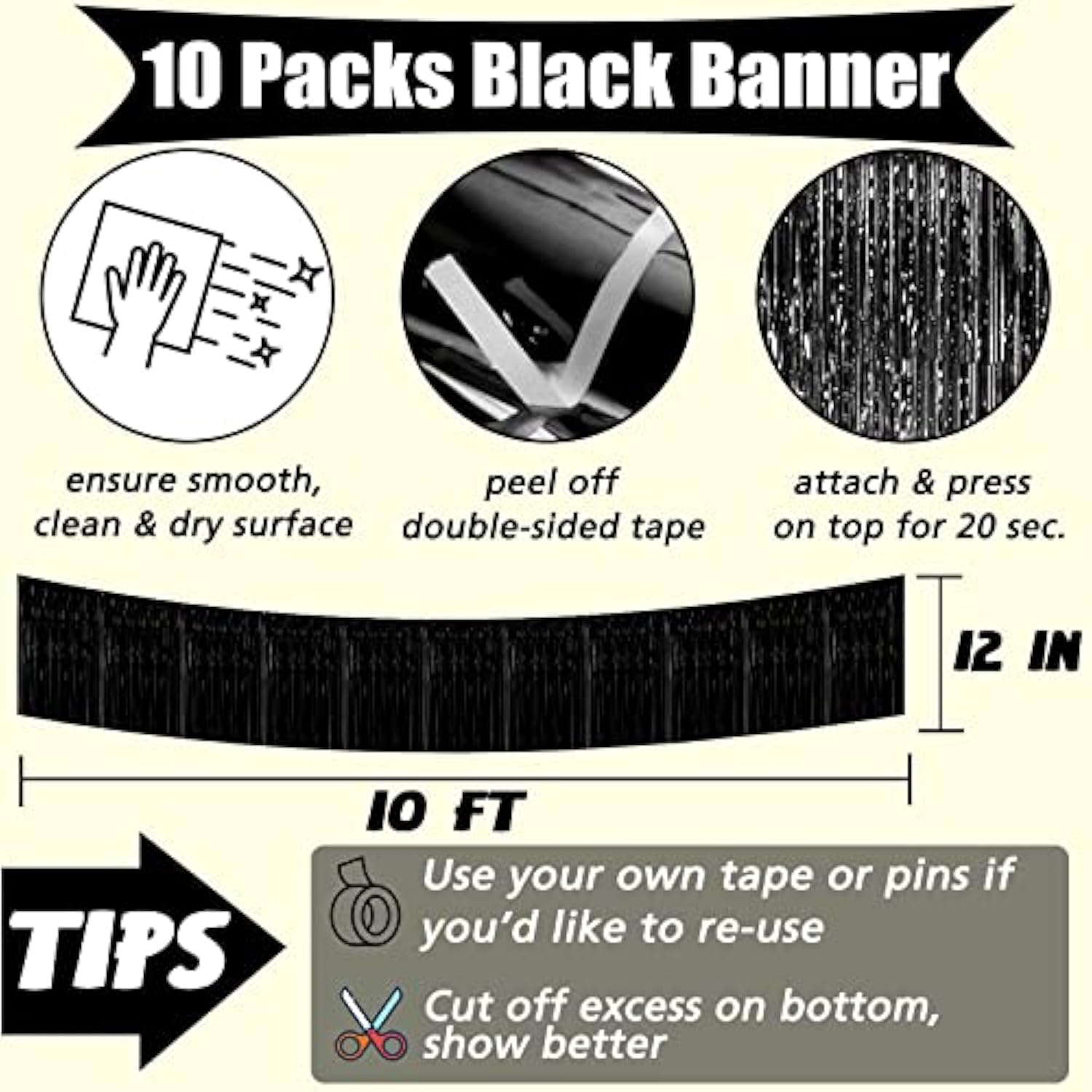 10 Pack 10 Feet Foil Fringe Garland Metallic Tinsel Banner Wall Hanging Curtain Streamers Backdrop For Parade Floats Bachelorette Wedding Birthday Party Thanksgiving Christmas Decorations(Black)