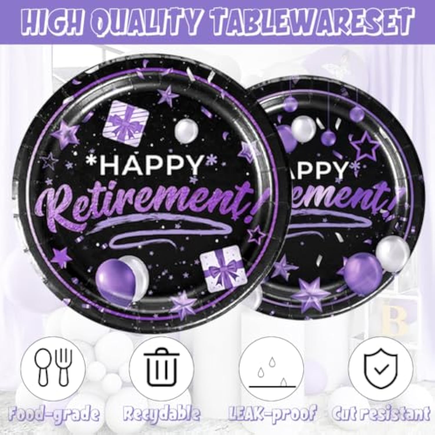 141Pcs Happy Retirement Party Decorations For 20 Guests - Purple And Black Retirement Party Plates And Napkins Forks Cups Cutlery For Men Women Say Goodbye Supplies