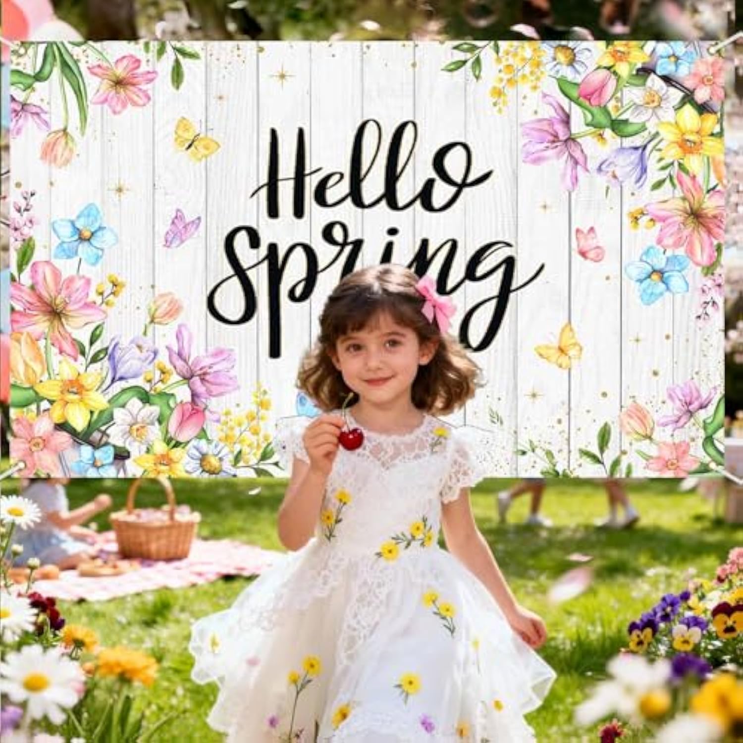 Hello Spring Banner Backdrop Wildflowers Rustic Wood Happy Spring Background Banner Butterfly Flowers Easter Holiday Party Decorations 70.8 X 43.3 Inch